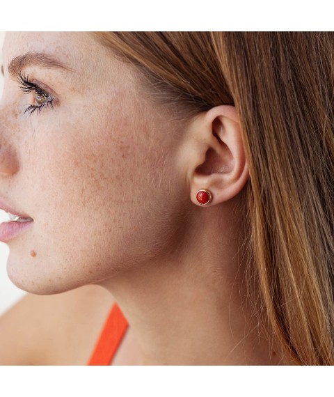 Earrings - studs with coral (red gold) s08678 Onyx