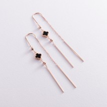 Gold earrings - broaches "Clover" (enamel) s07610 Onyx