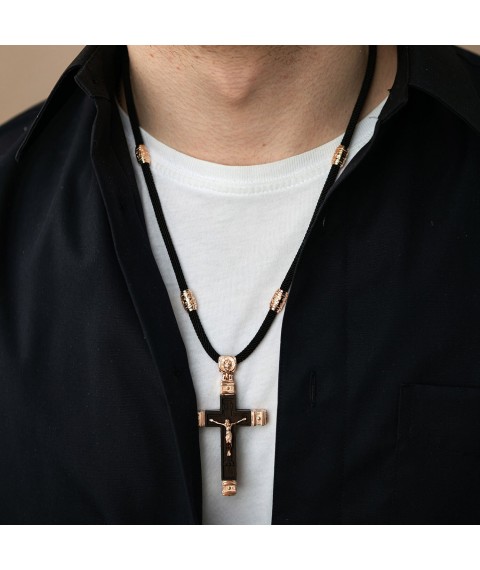 Мужской православный крест из эбенового дерева и золота на шнурке кол02416 Онікс
