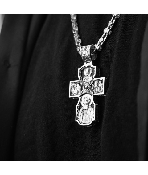 Silver cross "Lord. Archangels Michael and Gabriel. Guardian Angel. St. Nicholas. Sergius of Radonezh" with ebony 980 Onyx