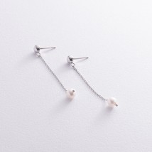 Earrings - studs "Pearl on a chain" in white gold s08313 Onyx