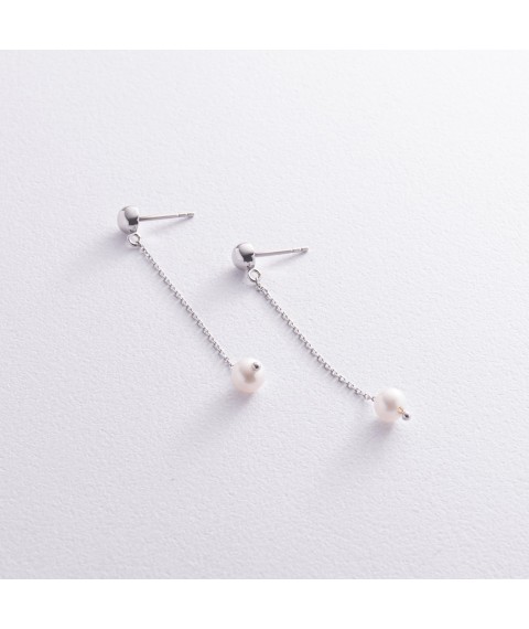 Earrings - studs "Pearl on a chain" in white gold s08313 Onyx
