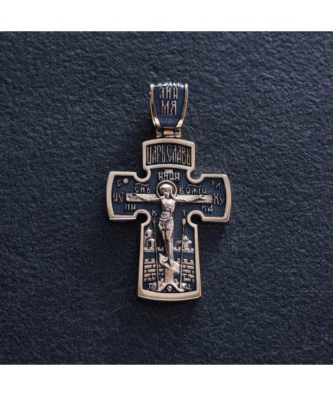 Golden Orthodox cross "Crucifixion. Archangel Michael" with blackening p03873 Onyx