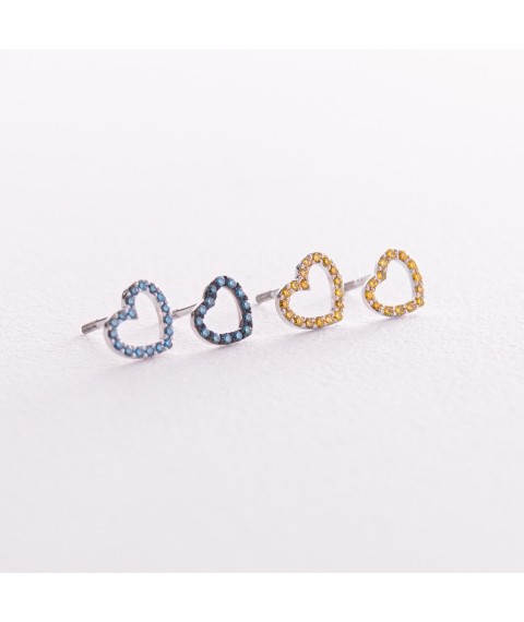 Золотые серьги - пусеты "Сердечки" с голубыми и желтыми бриллиантами 327111121 Онікс
