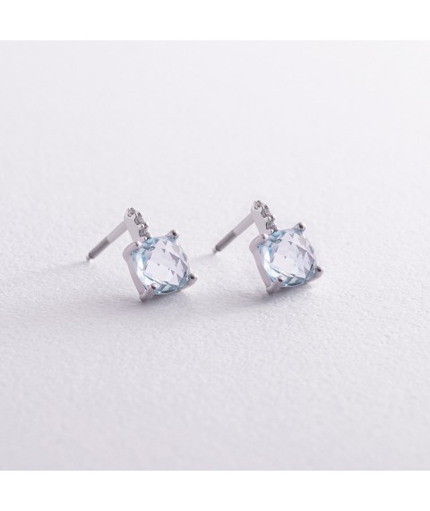 Gold earrings - studs with cubic zirconia and blue topaz s08303 Onyx