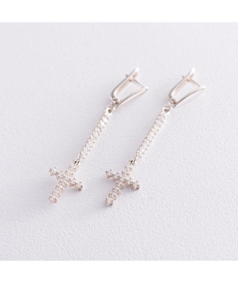 Silver earrings "Cross" (fianit) 121034 Onyx