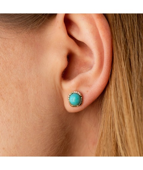 Gold earrings - studs (turquoise, diamonds) sb0527sc Onyx
