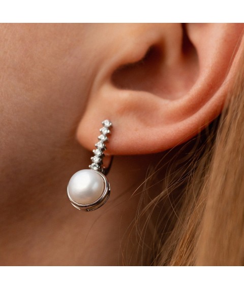 Silver earrings (cult. fresh pearls, cubic zirconia) 121022 Onyx