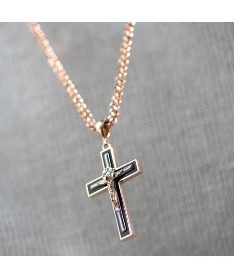 Golden Orthodox cross "Crucifixion. Save and Preserve - in Ukrainian" (enamel, cubic zirconia) p03905 Onyx