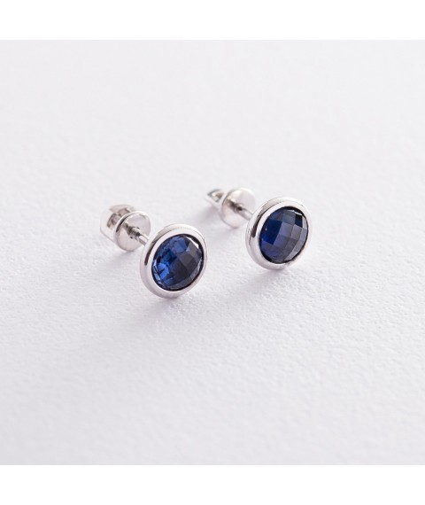 Gold stud earrings (synthetic sapphire) s06463 Onyx