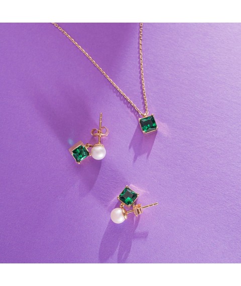 Золоті сережки - пусети "Альма" (зелені фіаніти, перли) с08258 Онікс