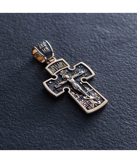 Золотой православный крест "Распятие. Архангел Михаил" с чернением п03873 Онікс