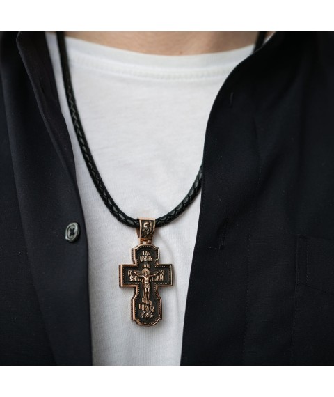 Golden cross "Lord. Archangels Michael and Gabriel. Guardian Angel. St. Nicholas. Sergius of Radonezh" with ebony 980z Onyx