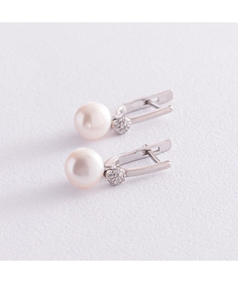 Silver earrings with pearls and cubic zirconia 2451/1р-PWT Onix