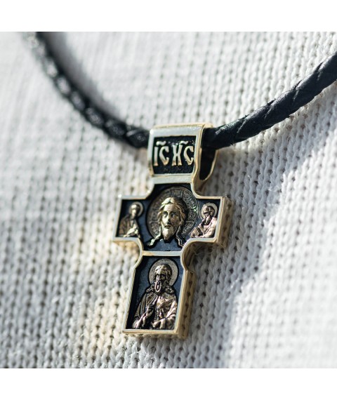 Golden Orthodox cross "Savior Not Made by Hands. St. Nicholas the Wonderworker. St. George the Victorious" p03840 Onyx