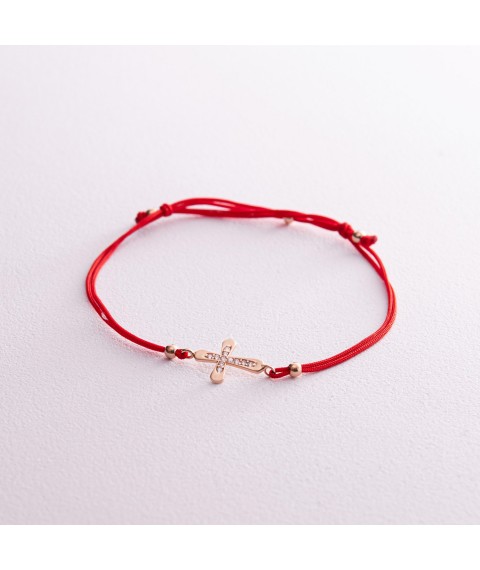 Gold bracelet "Cross" with red thread (cubic zirconia) b05139 Onyx