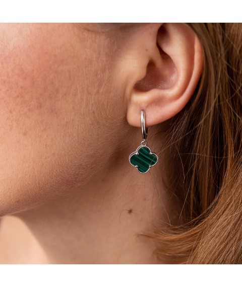 Silver earrings "Clover" (malachite) 122840 Onyx