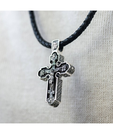 Чоловічий православний хрест "Розп'яття. Спаси і Збережи" з ебенового дерева та срібла 1214 Онікс