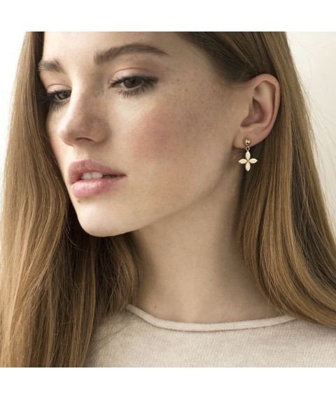 Earrings - studs "Clover" in yellow gold s07194 Onyx