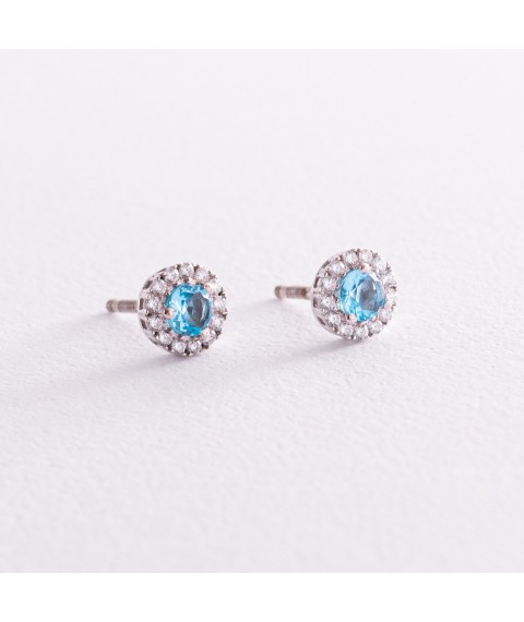 Silver earrings - studs with blue topaz and cubic zirconia 2112/9р-QSWB Onyx