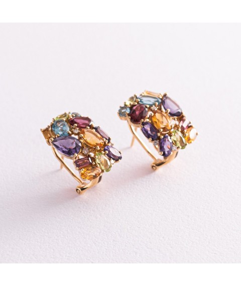 Gold earrings (diamonds, amethyst, peridot, blue topaz) E23592C Onyx