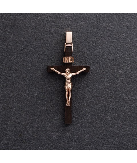 Мужской православный крест из эбенового дерева и золота п03677 Онікс