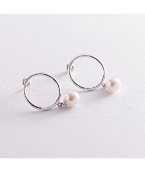 Silver earrings - studs "Cycle" with pearls 123174 Onyx