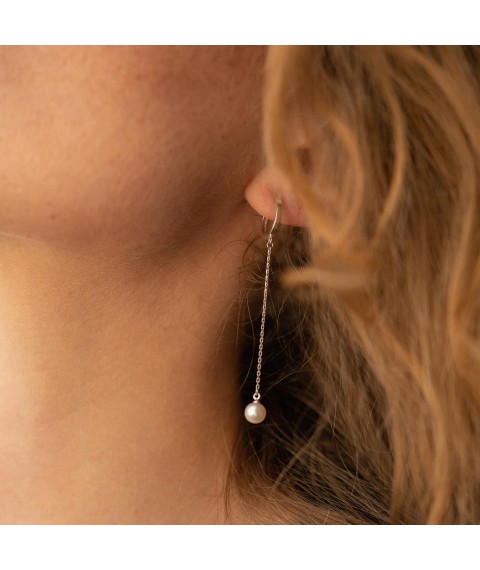 Earrings - rings "Pearl on a chain" in white gold s08357 Onyx