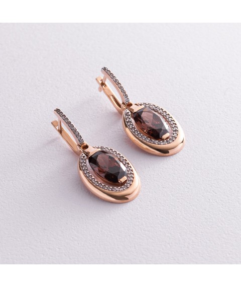Gold earrings (smoky quartz, cubic zirconia) s03334 Onyx
