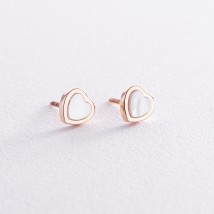 Gold earrings - studs "Hearts" with mother of pearl s08216 Onyx