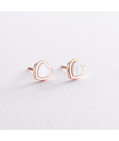 Gold earrings - studs "Hearts" with mother of pearl s08216 Onyx
