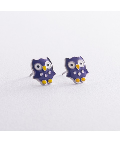 Children's earrings - studs "Owls" in silver (enamel) 448 Onyx