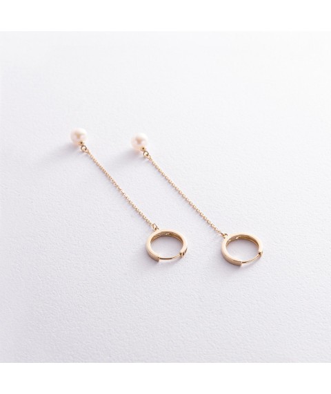 Earrings - rings "Pearl on a chain" in yellow gold s08356 Onyx