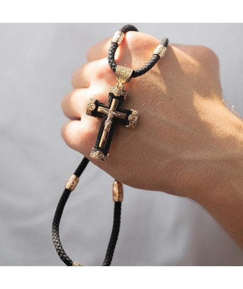 Men's Orthodox cross made of ebony and gold "Crucifixion. Save and Preserve" p03811 Onyx