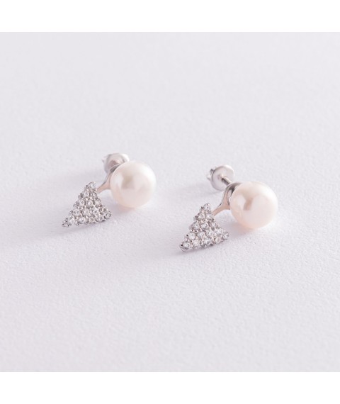 Silver earrings - studs 2 in 1 (pearls, cubic zirconia) 2460/1р-PWT Onix