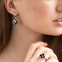 Silver earrings "Clover" (cubic zirconia, ceramics) 122790 Onyx