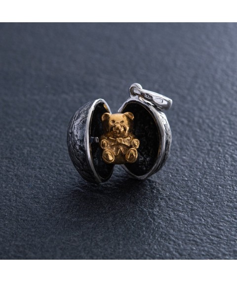 Silver pendant "Bear in a Nut" handmade 133141 Onyx