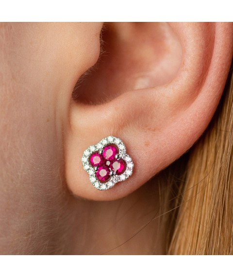 Gold earrings - studs "Clover" (diamonds, rubies) sb0521cha Onyx