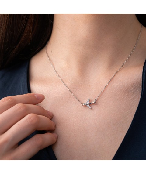 Silver necklace "Airplane" with cubic zirconia 181127 Onix 47