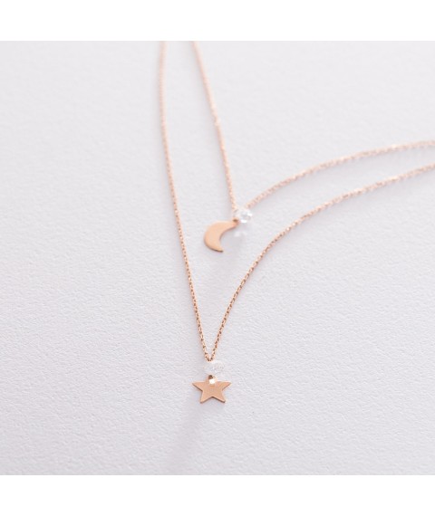 Double gold necklace "Moon and Star" with cubic zirconia col01528 Onyx 40
