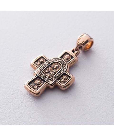 Золотой православный крест "Господь Вседержитель. Иверская икона Божией Матери и восемь святых" п02682 Оникс