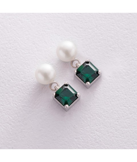 Gold earrings - studs "Alma" (green cubic zirconia, pearls) s08248 Onyx