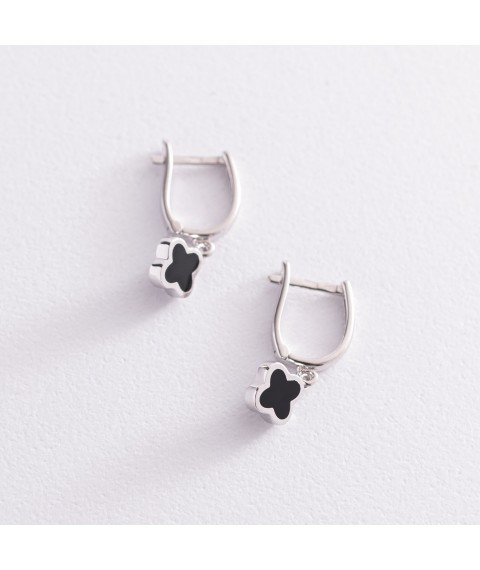 Earrings "Clover" in white gold (enamel) s07535 Onix