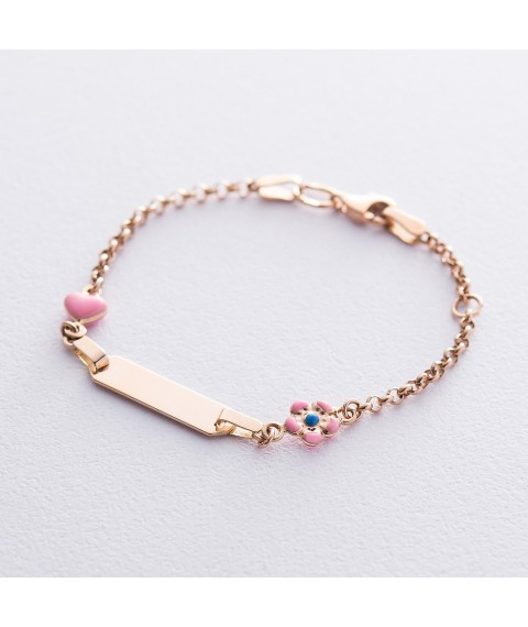 Gold children's bracelet "Flower and Heart" with enamel b02588 Onix 16.5
