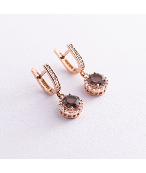 Gold earrings (smoky quartz, cubic zirconia) s01494 Onyx