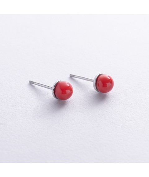 Earrings - studs with coral (white gold) s08876 Onyx