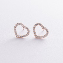 Gold earrings - studs "Hearts" with cubic zirconia s08443 Onyx