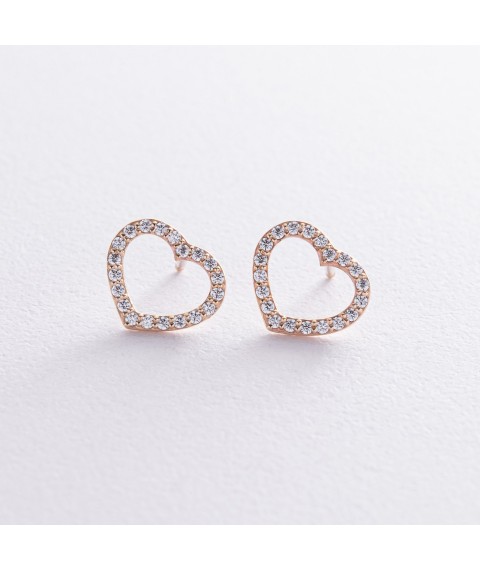 Gold earrings - studs "Hearts" with cubic zirconia s08443 Onyx
