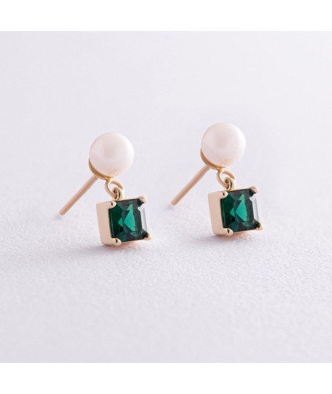Gold earrings - studs "Alma" (green cubic zirconia, pearls) s08258 Onyx