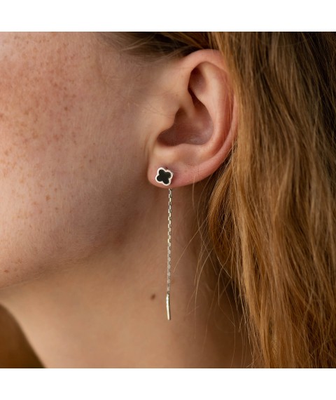Broach earrings "Clover" in silver (enamel) OR130930 Onyx